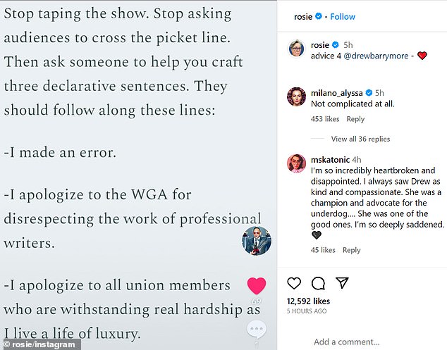 In a post on Instagram, O'Donnell posted some advice from an essay written by Elizabeth Gray.  Actress Alyssa Milano agreed with O'Donnell's sentiments