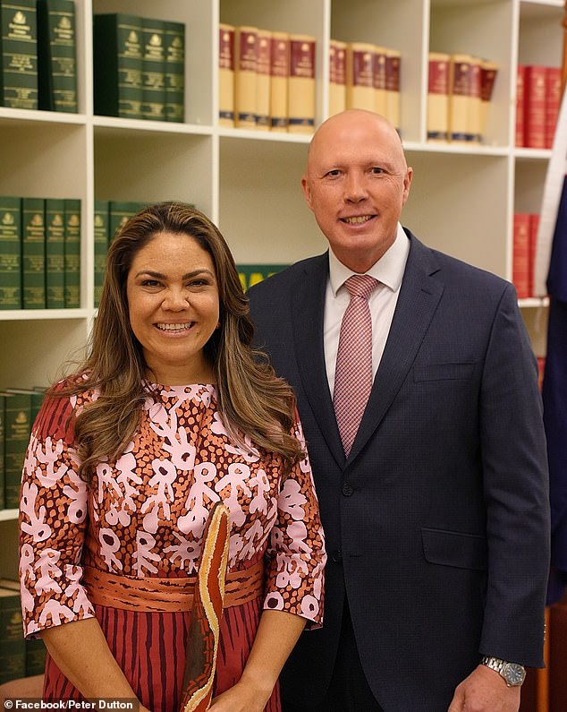 Mr Mundine's support for treaty negotiations between the government and indigenous people puts him at odds with his coalition partners, including Jacinta Nampijinpa Price (left) and Peter Dutton (right).