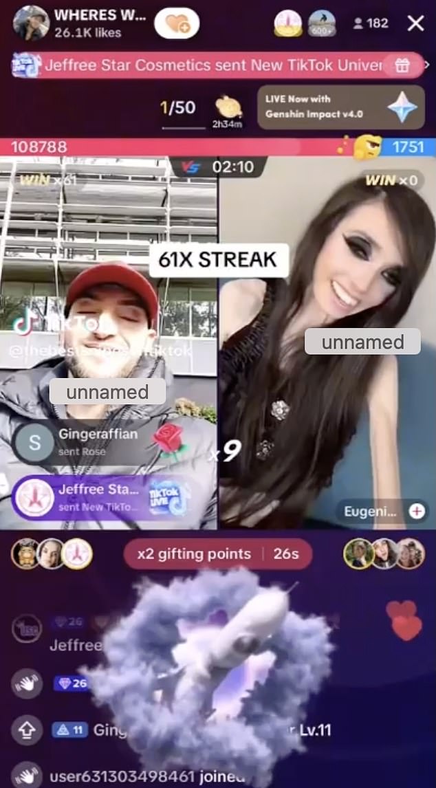 Recordings of TikTok livestreams with Assaad show him getting hundreds of thousands of 'diamonds' in a three-minute TikTok 'battle', and millions over the course of a night, most of which apparently come from Mr Star.  This photo shows that Assaad received diamonds worth approximately $2,500