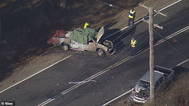 Sela Maumalanga died after she became trapped in the back seat of her uncle's burning car after it collided with another double cab vehicle on Menangle Road at 4.20am a week ago.  In the photo: the aftermath of the crash