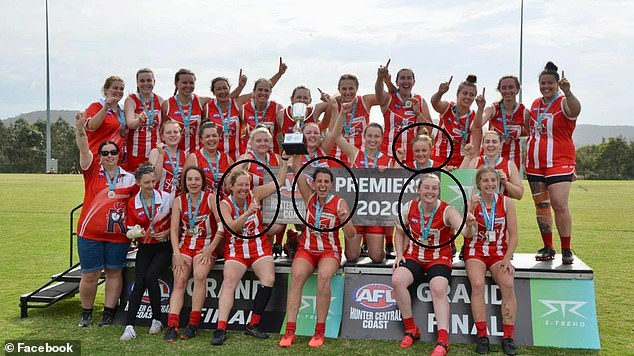 Four of the Singleton Roosters players who died in the bush crash were (circled, left to right) Nadene McBride, Tori Cowburn, Bec Mullen and (front, right) Kyah McBride