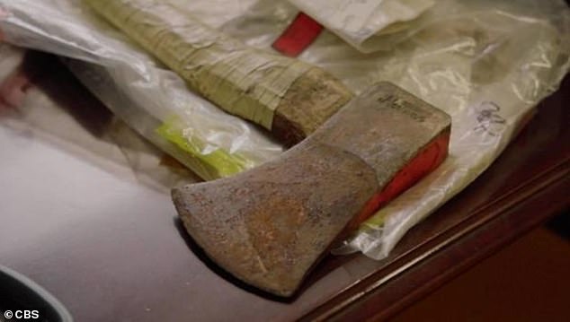 The mother of one was found lying under blood-soaked sheets with the ax (pictured) still lodged in her head