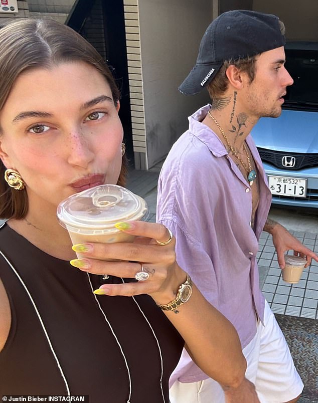 Stepping out: The hitmaker shared a selfie taken by Hailey as the two stepped out for a cup of coffee