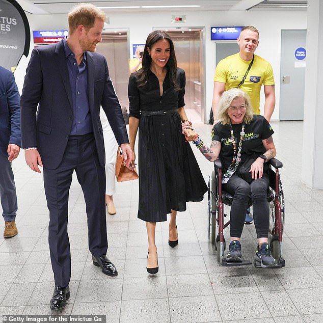 The Duchess was pictured at the hotel in Dusseldorf, walking alongside Yuliia (nicknamed 'Taira') as they attended a reception of friends and family on the second night of the week-long event.