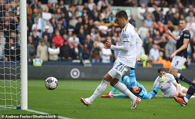 The Dutch striker was left with a tap-in for his second goal after Dan James pushed him to the ground