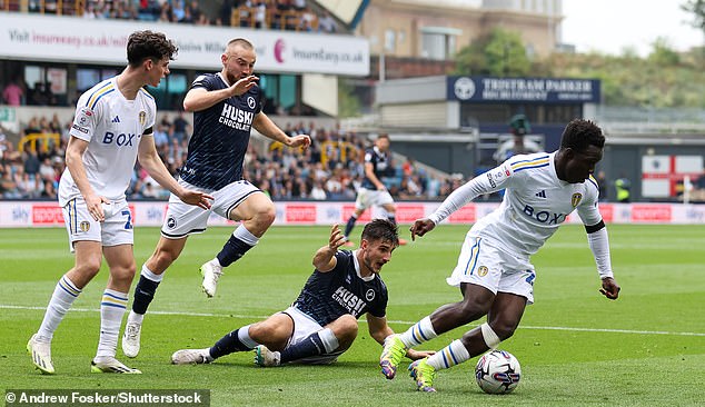 Leeds' Wilfried Gnonto gets out of trouble during Sunday afternoon's match at The Den