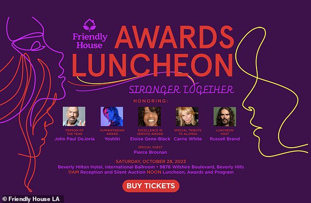 One of the charities Brand supports is the Friendly House in Los Angeles, California.  He will remain on their homepage and will host a luncheon in October