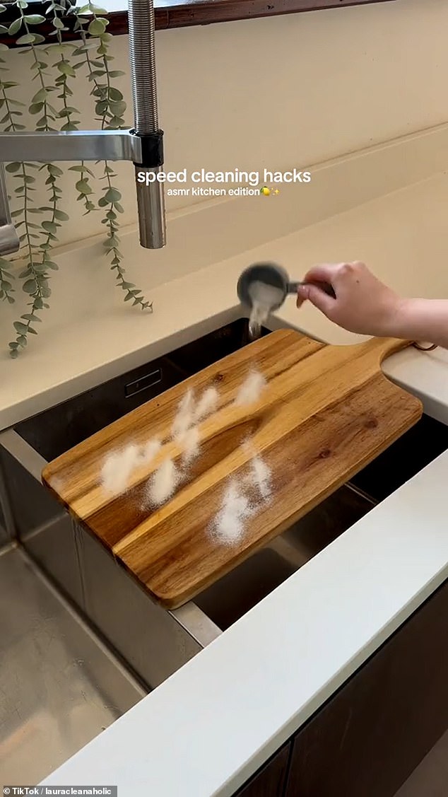 The self-proclaimed 'cleanaholic' suggested mopping your cupboards and cleaning your cutting board with baking soda and a lemon