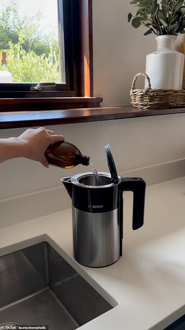 The TikToker poured some white vinegar into her kettle after cooking to remove limescale stains