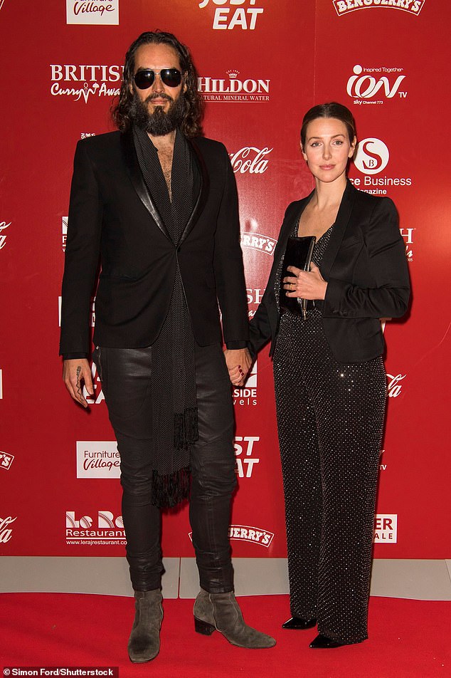 Russell Brand and Laura Gallagher at the British Curry Awards in 2018. The couple have two children, Mabel, six, and Peggy, three, and are expecting a third in November