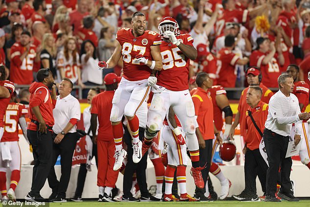 Jones celebrates a sack with Kelce during the third quarter against the LA Chargers last season