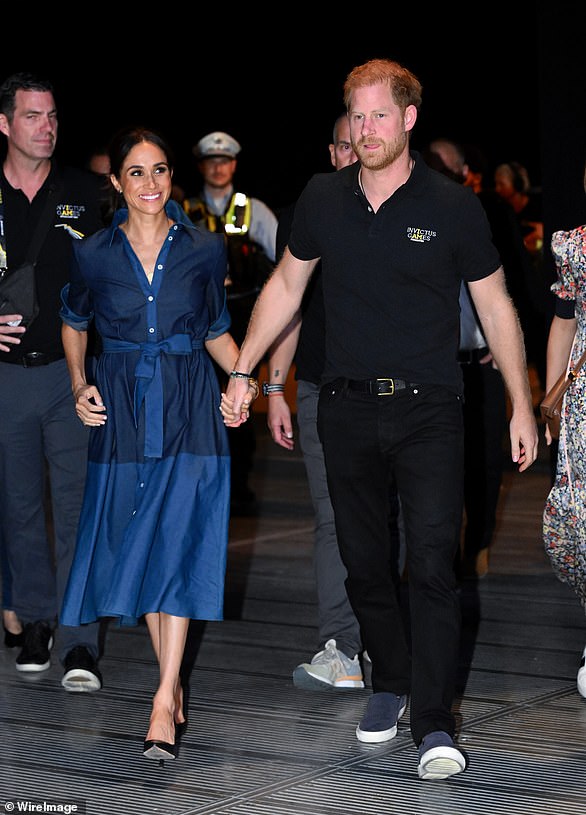 Later, Meghan donned her third outfit, opting for a £1,033 Carolina Herrera denim panel dress, while once again wearing her Dior shoes.