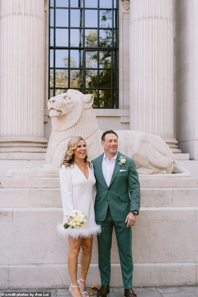 Brave: The special forces veteran beamed alongside his longtime love as he looked elegant in a green suit, white shirt and brown shoes