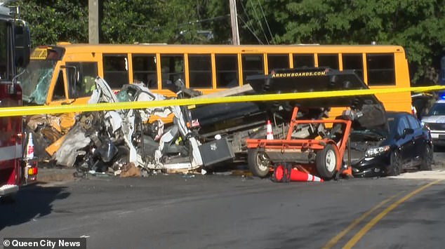 Disturbing statistics show that the buses are dangerous, both because of the lack of seat belts and because of the risk the enormous vehicles pose to other drivers.  Pictured: A massive multi-car pileup following a school bus crash in North Carolina in May 2022 that left 15 children hospitalized