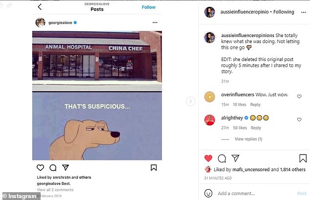 Instagram account Aussie Influencer Opinions discovered another post from Love from February 2013 in which she made a similar joke about pets and Asian restaurants