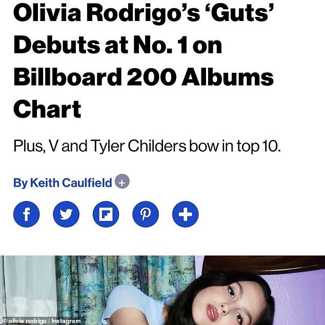 Incredibly, an image shared in the post was a screenshot of a Billboard article that read: 'Olivia Rodrigo's Guts Debuts at No. 1 on the Billboard 200 Albums Chart'