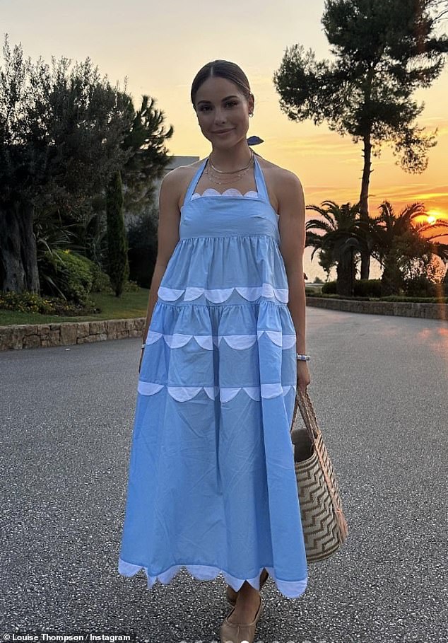 Fabulous: The mother-of-one had a standout fashion moment in a blue halterneck maxi dress