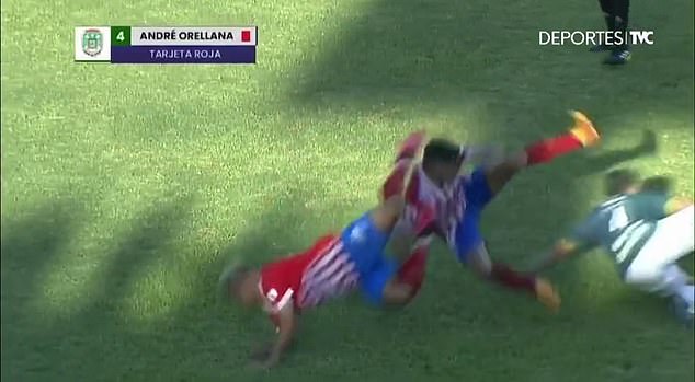 The defender rammed into both Carlos Pineda and the German Mejia - with whom he played for Olimpia last season - and missed the ball completely.