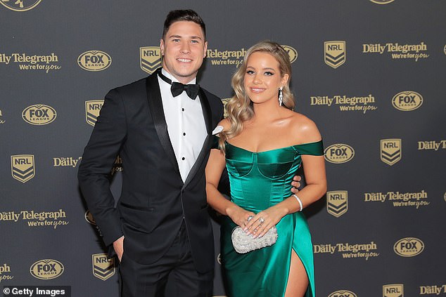 The site is currently occupied by a classic 1940s brick house with four bedrooms and two bathrooms that the Parramatta Eels hero bought in 2020 for $1.8 million, reports The Daily Telegraph Pictured;  Parramatta Eels play halfback Mitchell Moses and his fiancée Bri Gardoni in 2019