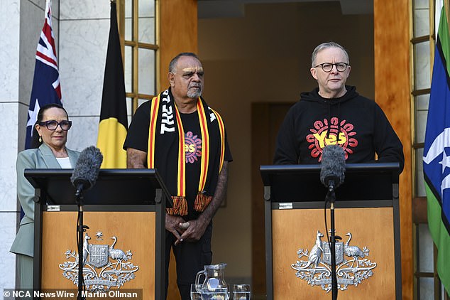 The odds on the referendum outcome have the No vote as a heavy favorite - a reflection of opinion polls showing the Yes vote falling badly (pictured, Prime Minister Anthony Albanese with AFL great Michael Long and Minister for Indigenous Australians Linda Burney )