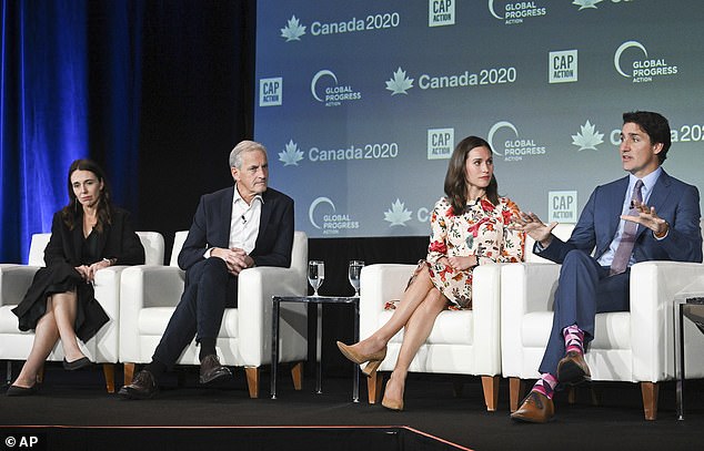 Ms Ardern was guest of honor at the Global Progress Action Summit 2023 in Montreal, a gathering of 14 current and former world leaders, including Justin Trudeau (pictured right), Tony Blair and former Finnish rock star Prime Minister Sanna Marin (second from right).