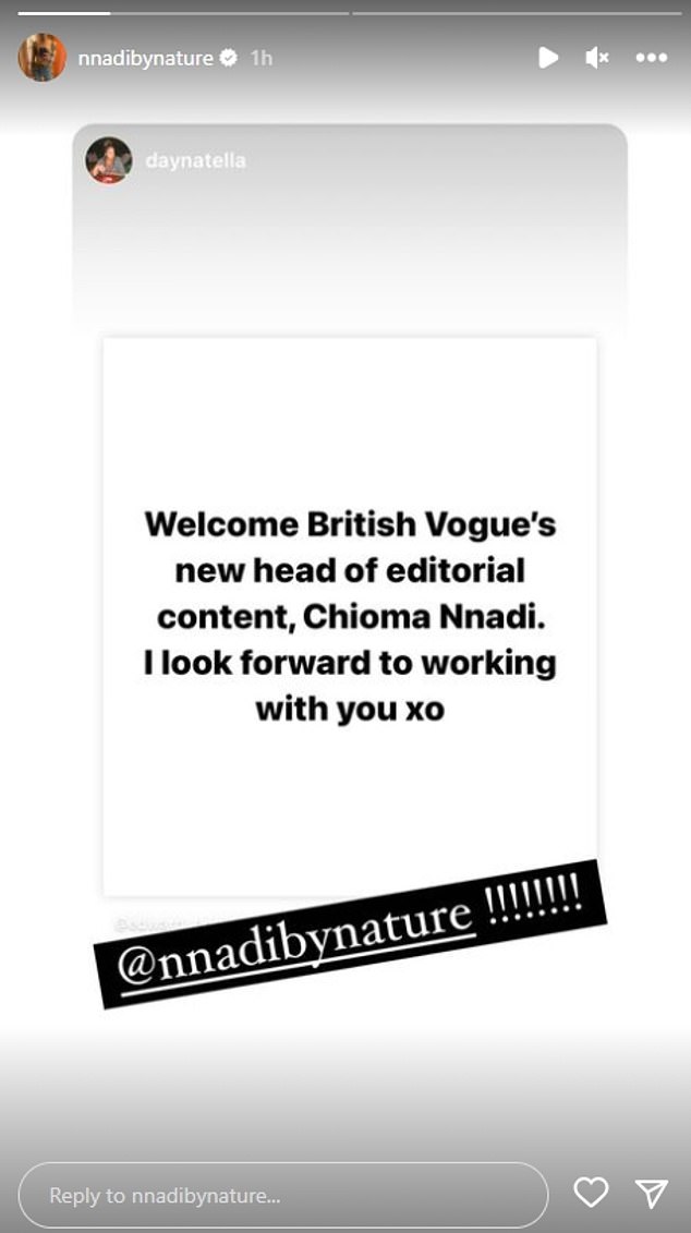 Ms Nnadi posted another message on Twitter congratulating her on the new role at British Vogue