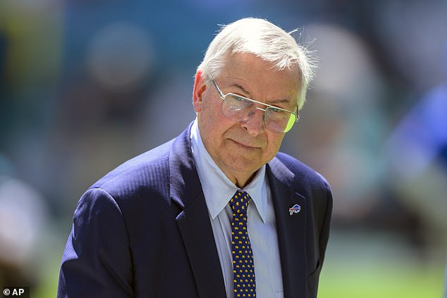 Buffalo Bills owner Terry Pegula walks the sideline during a game against Miami in 2022