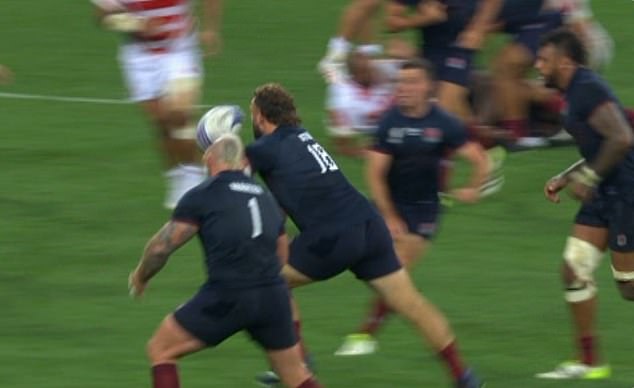 A bizarre second-half try saw Courtney Lawes go down after George Ford's pass bounced off Joe Marler's head (below left)