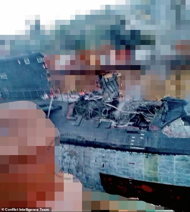 The images, obtained by investigative journalists from the Conflict Intelligence Team, show the extent of damage caused to the submarine while it was in dry dock.