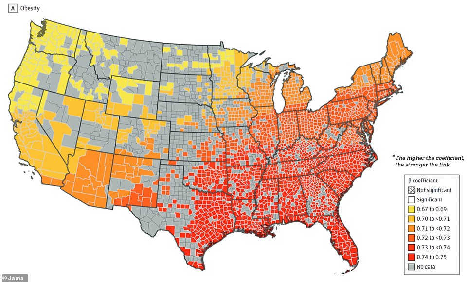 Obesity was influential in 100 percent of counties, but those in the southeastern U.S. had marginally higher coefficients, meaning obesity rates had a slightly greater impact in those counties