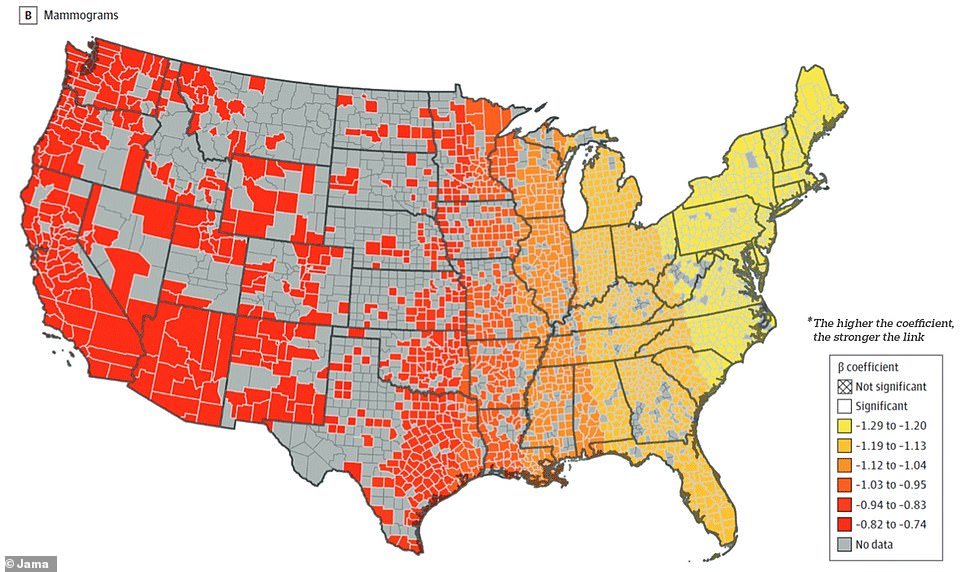 Counties in red have a lower coefficient range than counties shaded in yellow, meaning that while access to preventive breast X-rays was universally influential, the relationship between access to mammograms and breast cancer deaths was strongest in eastern states.