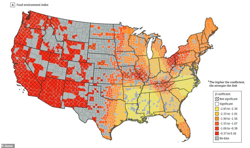 In the South and East, where counties are colored yellow and orange, the association between access to nutritious food and breast cancer mortality rates is represented by a coefficient range of ¿1.55 to ¿2.85, while in the West the coefficient fell between -1.07.  to -0.36.  However, the map shows areas in Ohio, Pennsylvania, Tennessee and Kentucky where the relationship between the two is stronger than in the region as a whole