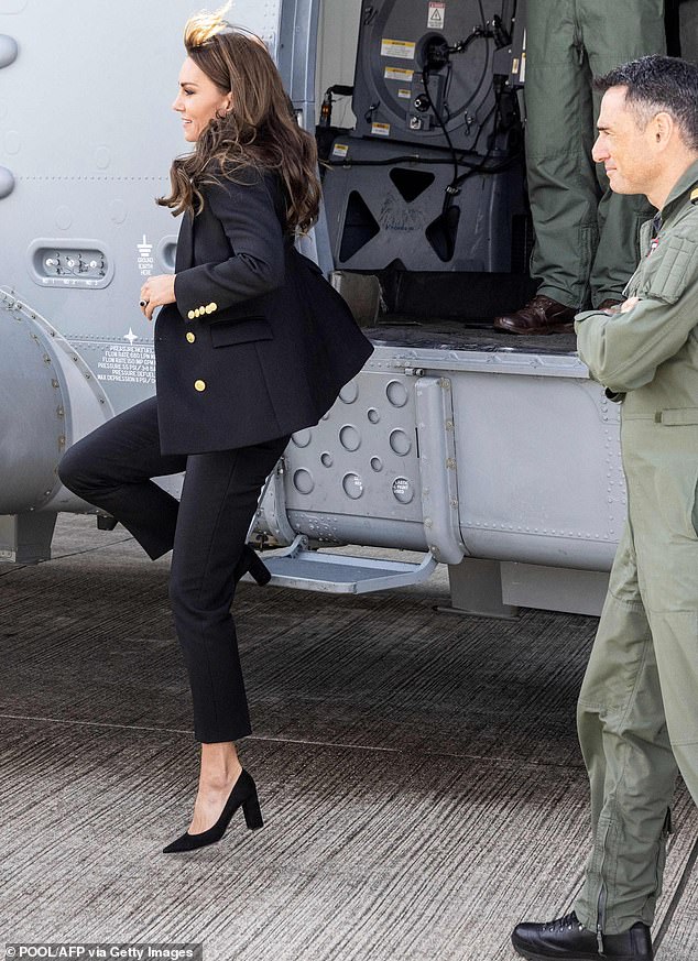 Kate stepped out of the helicopter with ease and grace as she landed on the ground during her engagement today