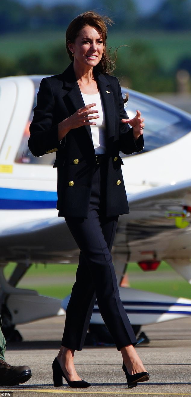 The Princess of Wales, 41, looked ready for business as she arrived at RNAS Yeovilton this morning in a black blazer and trousers