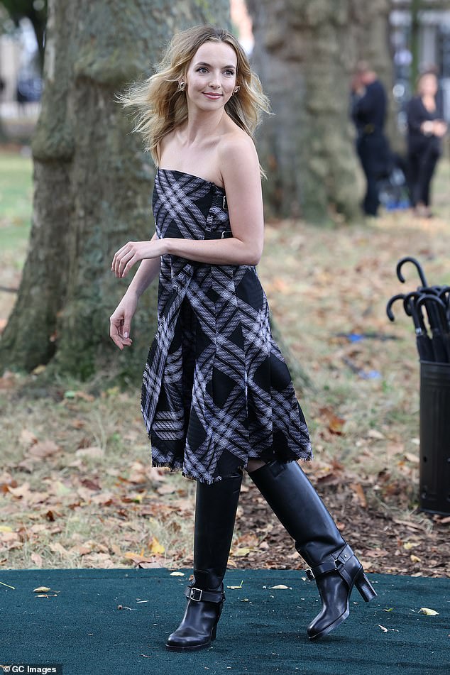 Gorgeous: The Killing Eve sensation looked stylish in the strapless plaid dress that showed off her structured shoulders