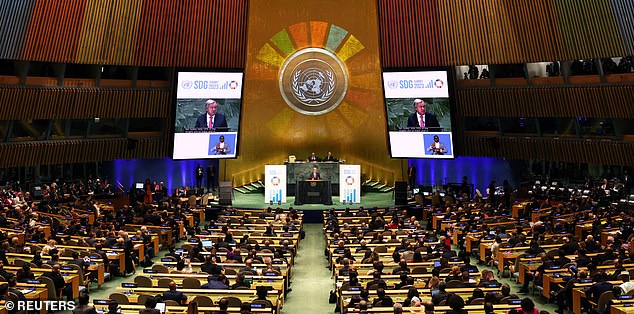 United Nations Secretary-General Antonio Guterres (center) delivered an opening speech at the Sustainable Development Goals summit on Monday