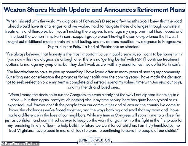 The congresswoman released a statement Monday describing her diagnosis and her decision to retire from the House of Representatives after serving her term through the end of 2024.