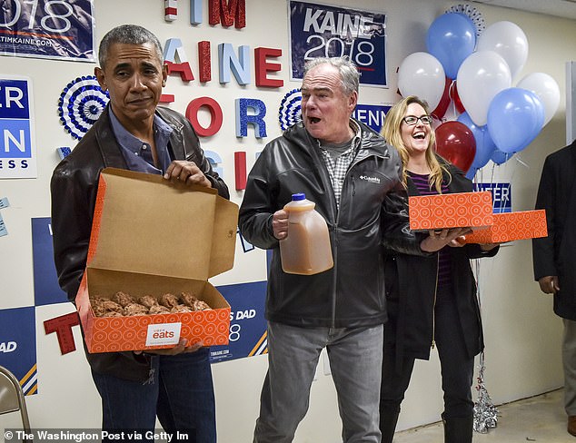 Pictured: Wexton shares donuts with voters as a congressional candidate, alongside then-Senate candidate Tim Kaine (center) and former President Barack Obama (left)