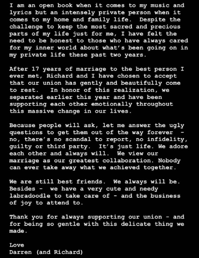 “After seventeen years of marriage to the best person I have ever met, Richard and I have chosen to accept that our union has come to rest in a great and beautiful way,” he wrote at the time.