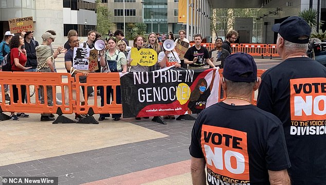 Protesters gathered against the No campaign outside the Convention Center on Monday