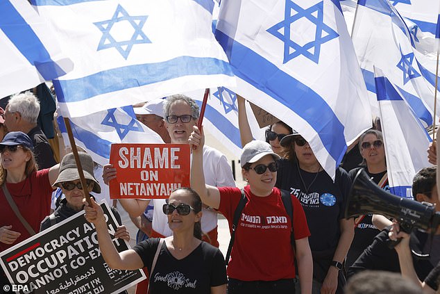 A huge crowd of protesters gathered in San Francisco's Union Square, near where Musk and Netanyahu met on Monday, to demonstrate their opposition to his reforms — and to Musk giving him a platform