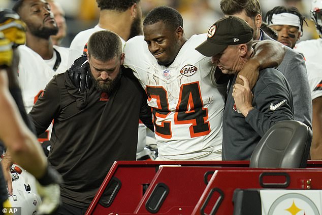 Chubb was escorted off the field on a cart after a tackle by Steelers safety Minkah Fitzpatrick