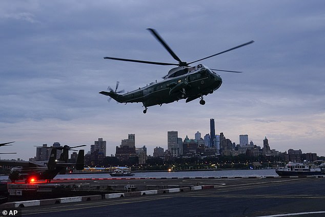 Marine One is captured Sunday evening landing in the Wall Street landing zone as President Joe Biden arrives in New York for the UN General Assembly and a fundraiser