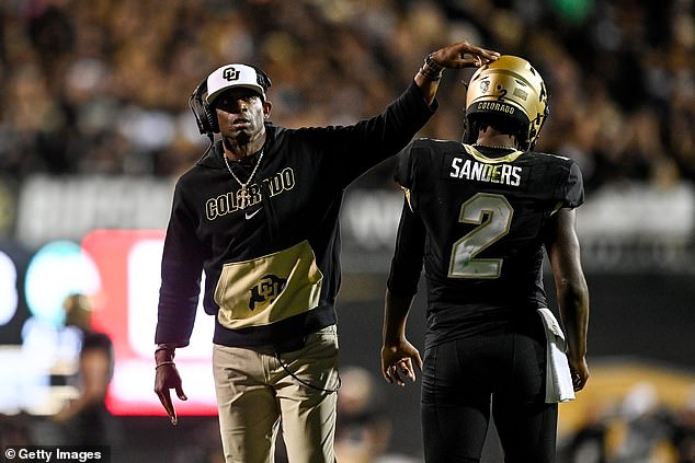 Sharpe says Shedeur (2) is doing a good job of not letting the pressure of being the son of Colorado head coach and Pro Football Hall-of-Famer Deion Sanders (L) get to him.