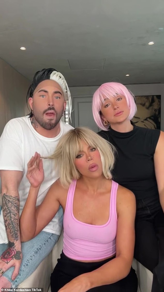 Having fun: Kardashian was joined by hairstylist Andrew Fitzsimons and makeup artist Ash K. Holm as they lip-synced lines from the interview, moderated by Tucker Carlson