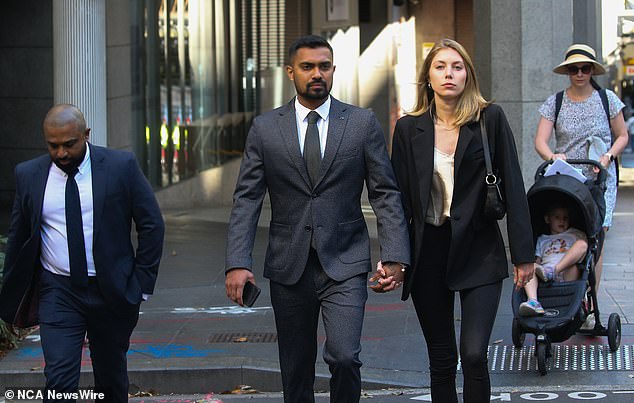 The star's lawyer, Murugan Thangaraj SC, questioned the woman about the intimate moment (photo, Danushka Gunathilaka outside court in Sydney)