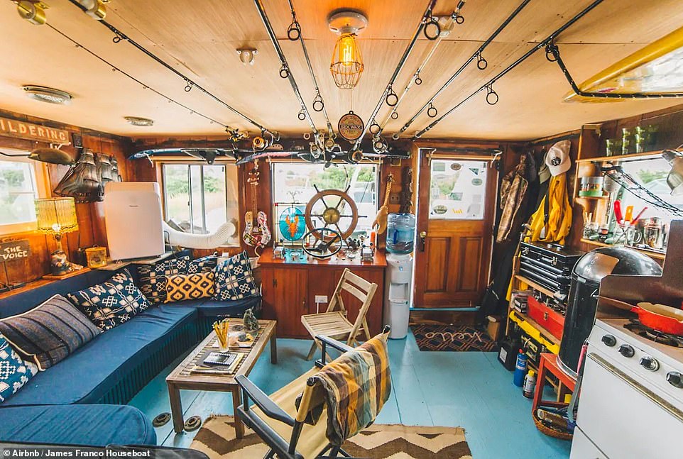 The one-bedroom floating home — which is also listed on Airbnb for $149 per night — is currently docked at a marina near Rockaway Beach in Queens and about an hour's drive from Manhattan