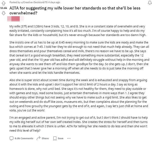 The man told Reddit's Am I the A*shole thread that he couldn't be bothered to kiss his little ones goodbye, but insisted he was 