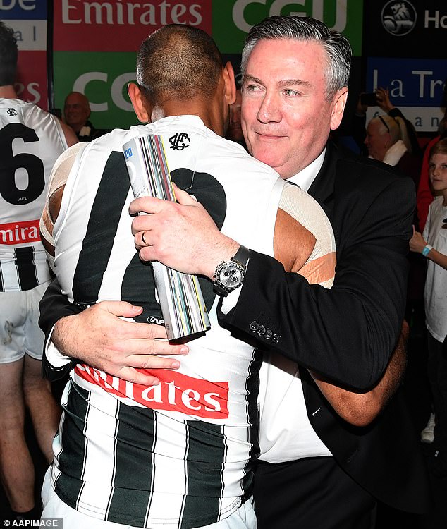 The former Collingwood president (pictured with a Magpies player after a 2018 final win) told Daily Mail Australia: 'We have gay players all over the clubs these days'