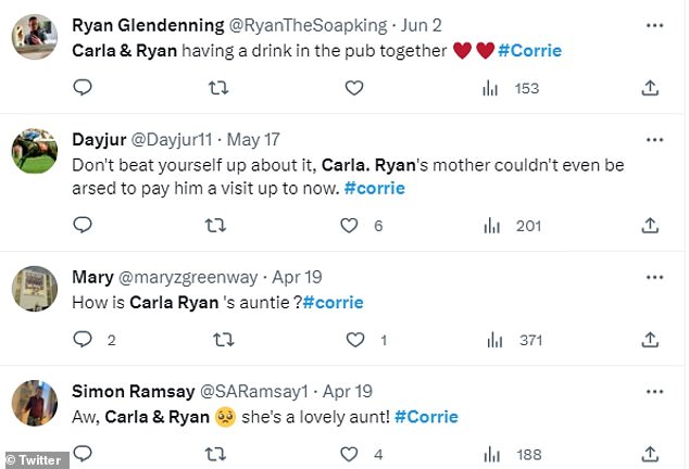 Comment: One user wrote: 'I fear a Carla and Ryan affair will be planned after Peter leaves.  #Corrie'